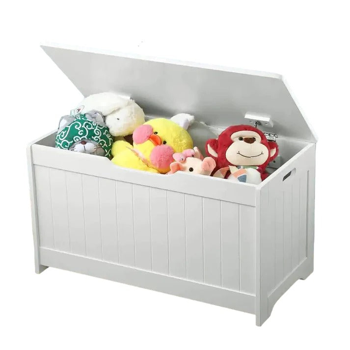 Komoda za odlaganje dečijih igračaka i knjiga, kutija sa mekim poklopcem, 2 u 1 komoda i drvena klupa - BELA