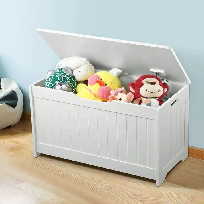 Komoda za odlaganje dečijih igračaka i knjiga, kutija sa mekim poklopcem, 2 u 1 komoda i drvena klupa - BELA