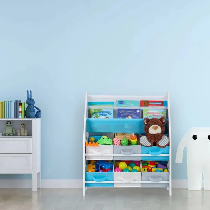 Dečija soba u delu, polica za knjige i igračke, drveni organizator sa 6 kutija za odlaganje tekstila - ŠUMA
