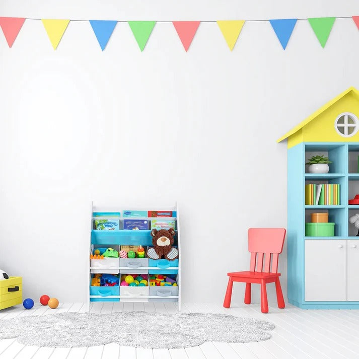 Dečija soba u delu, polica za knjige i igračke, drveni organizator sa 6 kutija za odlaganje tekstila - ŠUMA