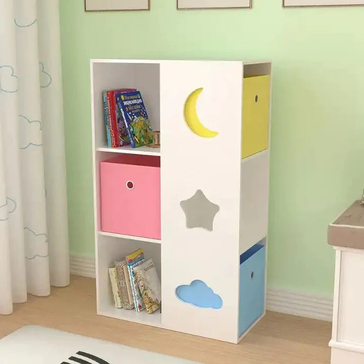 Polica za dečije igračke i knjige, organizator sa kutijama za dečiju sobu, bela, plava, roze, žuta