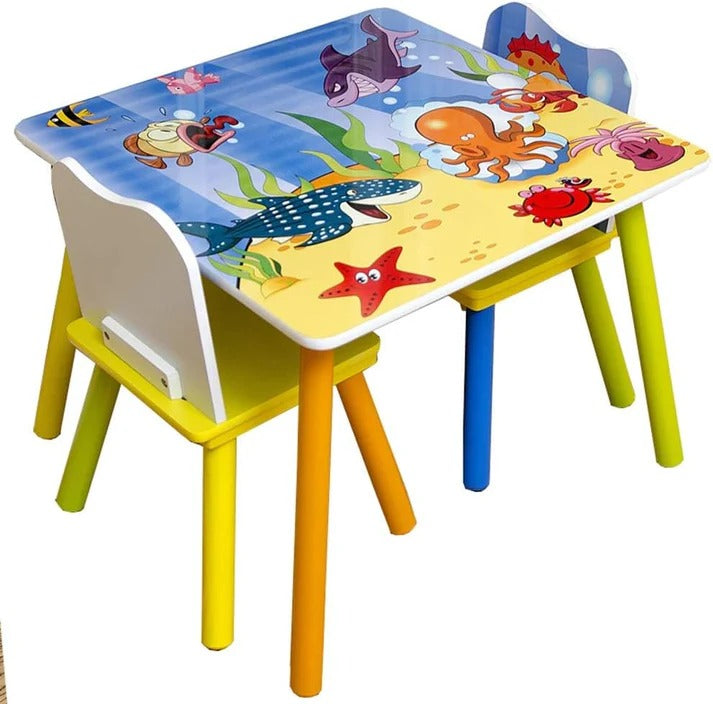 KINDER HOME Dečiji drveni sto i stolice sa morskim životinjama - set za crtanje, igru, učenje i jelo