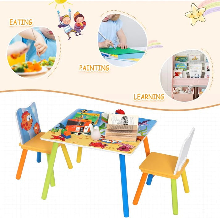 KINDER HOME Dečiji drveni sto i stolice sa morskim životinjama - set za crtanje, igru, učenje i jelo