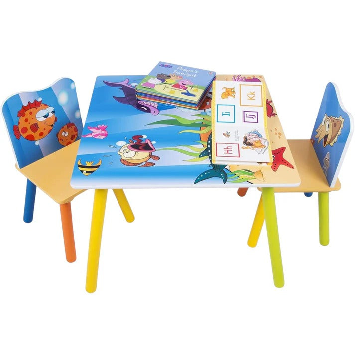 KINDER HOME Dečiji drveni sto i stolice sa morskim životinjama - set za crtanje, igru, učenje i jelo