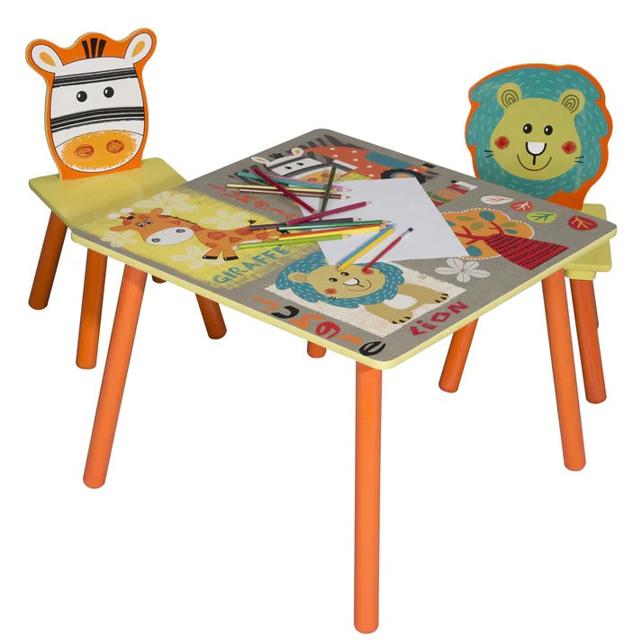 Dečiji sto sa 2 stolice, drvena garnitura - za učenje, igru, crtanje, jelo - SAFARI
