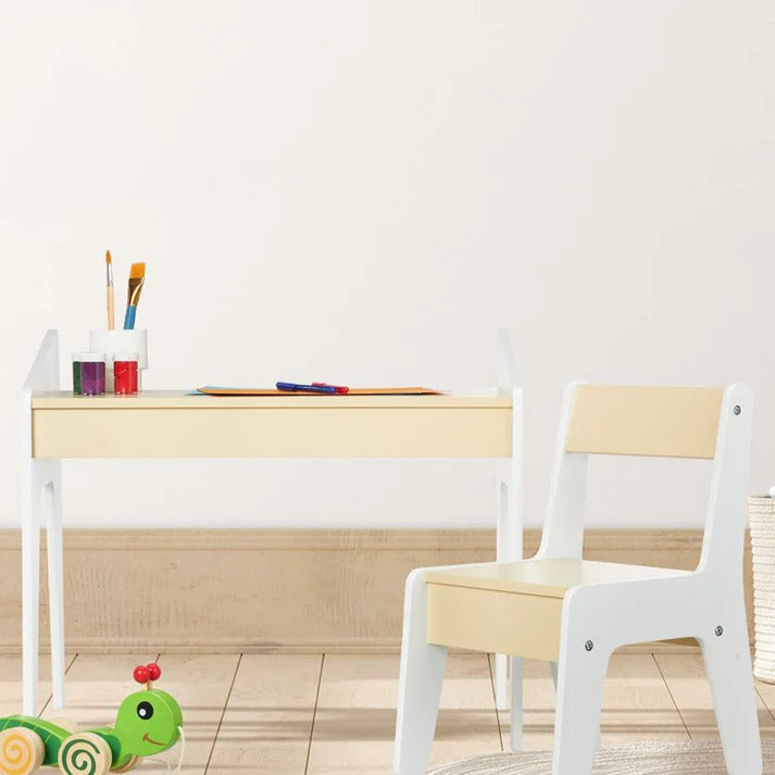 Dečiji sto i stolica za učenje, set od drveta, radni sto za učenje, crtanje, pisanje - ŽUTO/BELA