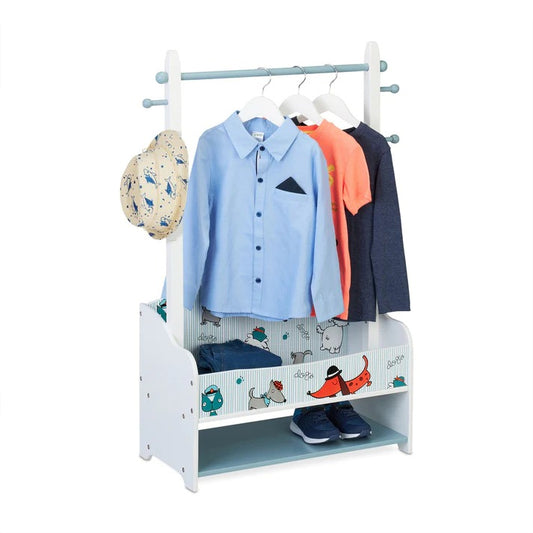 Drveni dečji stalak za odeću sa policama za odlaganje, vešalica sa bočnim kukama, otvoreni orman - PSI