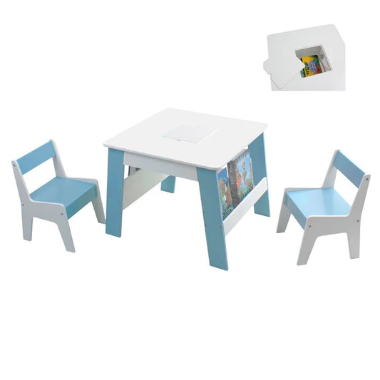 Dečiji drveni sto sa 2 stolice, sa korpom za igračke, konstruktore i ostavu za knjige - bela/plava