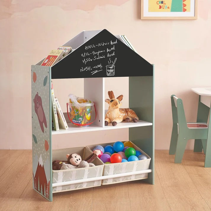 Dečiji ormar KINDER HOME, Ormar Igračke i knjige sa medvedom, Crna tabla za pisanje, Kuća ŠUMA