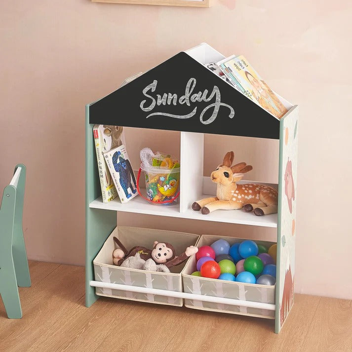 Dečiji ormar KINDER HOME, Ormar Igračke i knjige sa medvedom, Crna tabla za pisanje, Kuća ŠUMA