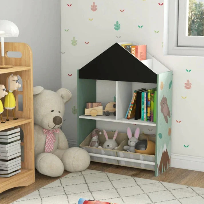 Dečiji ormar KINDER HOME, Ormar Igračke i knjige sa medvedom, Crna tabla za pisanje, Kuća ŠUMA