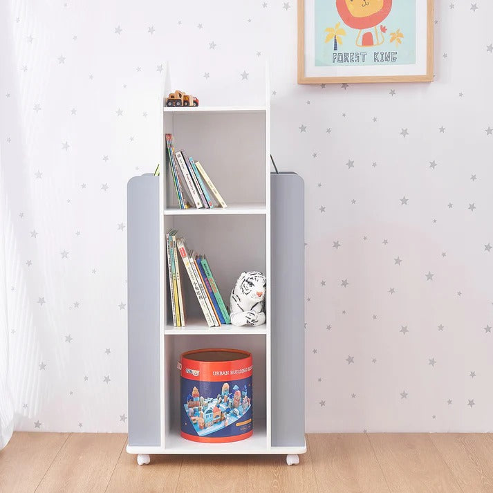 RAKETA sa rotirajućim odsekom za 360 stepeni sa policama u 4 nivoa, drvena - za odlaganje knjiga i igračaka BELA/SIVA