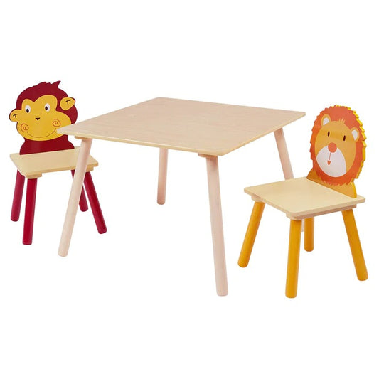 Dečiji drveni sto sa 2 stolice, set - za učenje, igru, crtanje, jelo - ŽIVOTINJE