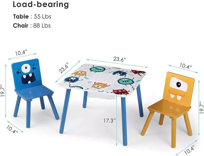 Dečiji drveni sto sa 2 stolice, set - za igru, crtanje, jelo - DUHOVI