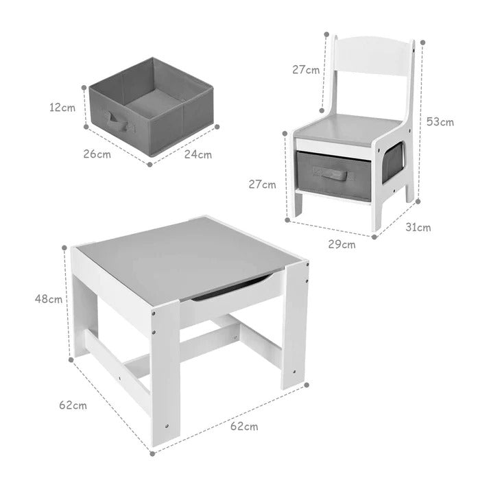 Dečiji drveni sto sa 2 stolice, komplet, dvostrani sa crnom pločom, 2 u 1 - za igru i skladištenje BELO/SIVA