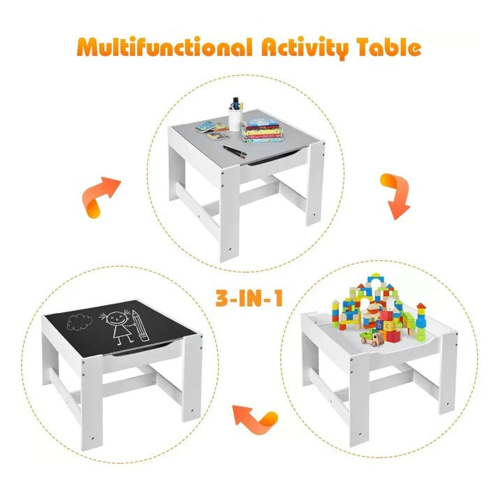 Dečiji drveni sto sa 2 stolice, komplet, dvostrani sa crnom pločom, 2 u 1 - za igru i skladištenje BELO/SIVA