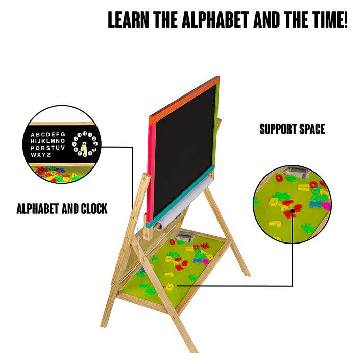 Dečija drvena tabla, stativ 3 u 1 - tabla, magnetna tabla, tabla sa dodacima
