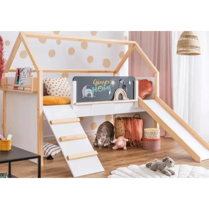 Kućica za dečiji krevet KINDER HOME, Montesori, dvospratna, tobogan, crna tabla, ram dušeka 90k200 cm