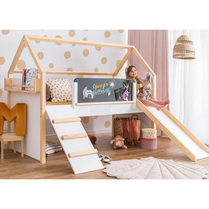Kućica za dečiji krevet KINDER HOME, Montesori, dvospratna, tobogan, crna tabla, ram dušeka 90k200 cm