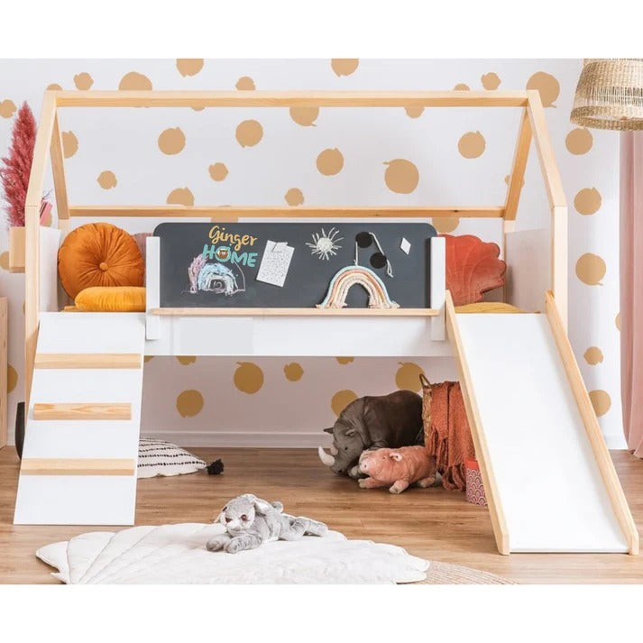 Kućica za dečiji krevet KINDER HOME, Montesori, dvospratna, tobogan, crna tabla, ram dušeka 90k200 cm