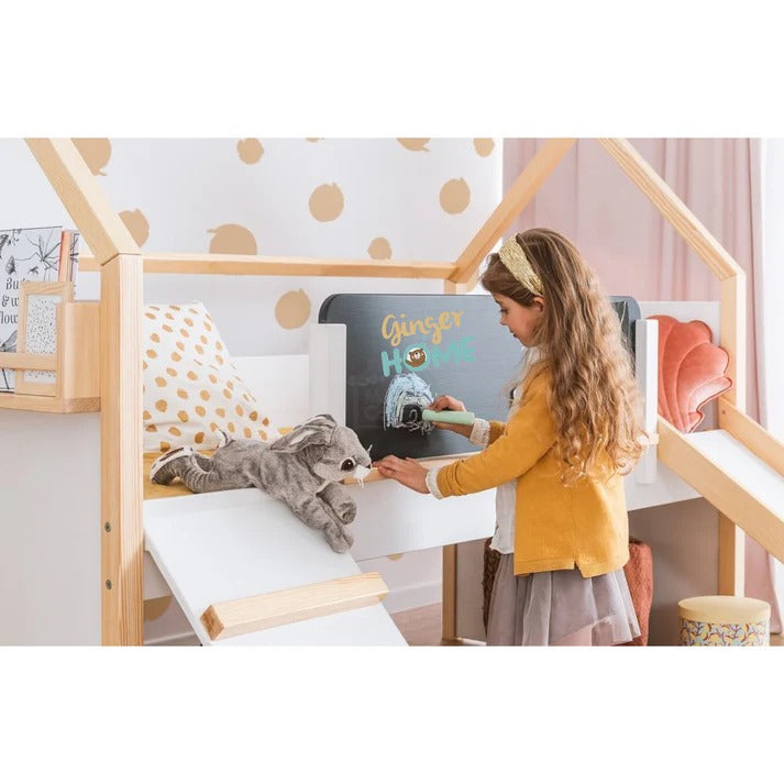 Kućica za dečiji krevet KINDER HOME, Montesori, dvospratna, tobogan, crna tabla, ram dušeka 90k200 cm