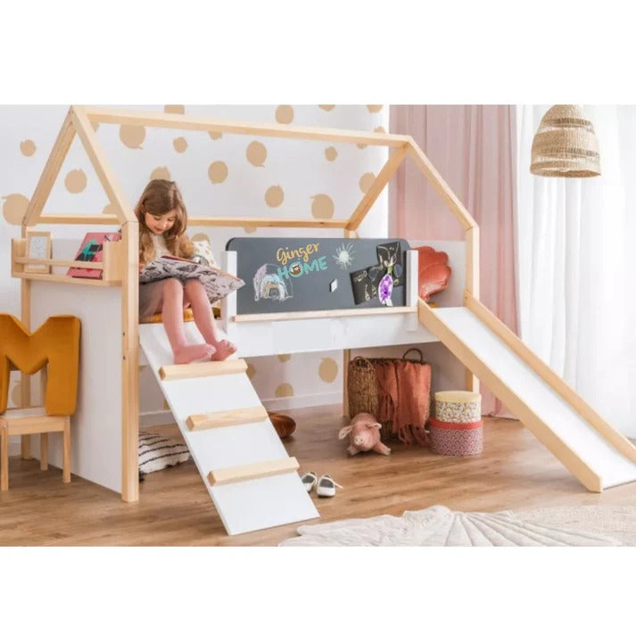 Kućica za dečiji krevet KINDER HOME, Montesori, dvospratna, tobogan, crna tabla, ram dušeka 90k200 cm