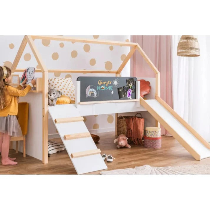 Kućica za dečiji krevet KINDER HOME, Montesori, dvospratna, tobogan, crna tabla, ram dušeka 90k200 cm