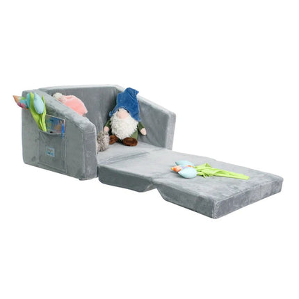 Dečija sofa krevet BONO, pliš, meka, pena - 2 u 1 za sjedenje i spavanje, siva