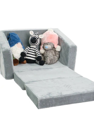 Dečija sofa krevet BONO, pliš, meka, pena - 2 u 1 za sedenje i spavanje, siva