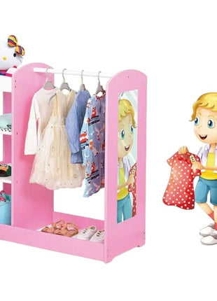 Dečiji stalak za odeću sa ogledalom KINDER HOME - Dečiji otvoreni ormar sa policama i vešalicama, roze
