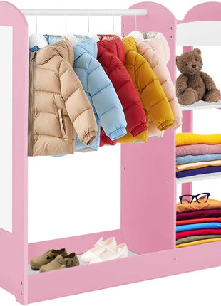 Dečiji stalak za odeću sa ogledalom KINDER HOME - Dečiji otvoreni ormar sa policama i vešalicama, roze