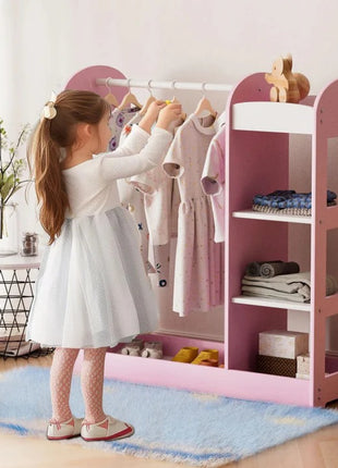 Dečiji stalak za odeću sa ogledalom KINDER HOME - Dečiji otvoreni ormar sa policama i vešalicama, roze