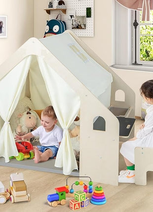 Dečiji drveni letnjikovac 6 u 1 KINDER HOME – stolica, sto, tabla, organizator, tenda i mekana podloga