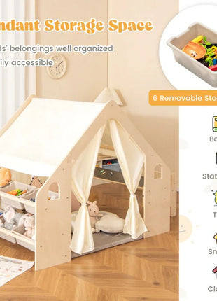 Dečiji drveni letnjikovac 6 u 1 KINDER HOME – stolica, sto, tabla, organizator, tenda i mekana podloga