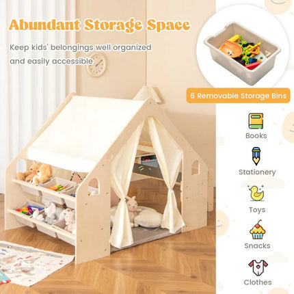 Dječji drveni letnjikovac 6 u 1 KINDER HOME – stolica, sto, stol, organizator, tenda i mekana podloga