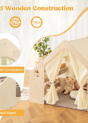 Dečiji drveni letnjikovac 6 u 1 KINDER HOME – stolica, sto, tabla, organizator, tenda i mekana podloga