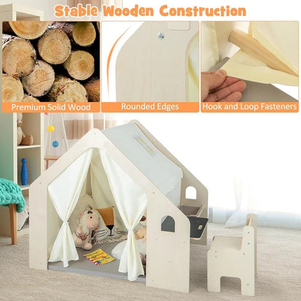 Dječji drveni letnjikovac 6 u 1 KINDER HOME – stolica, sto, stol, organizator, tenda i mekana podloga