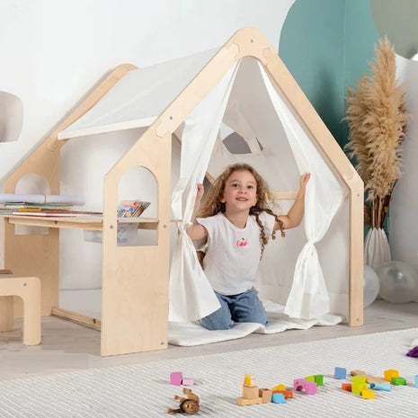 Dečiji drveni letnjikovac 6 u 1 KINDER HOME – stolica, sto, tabla, organizator, tenda i mekana podloga