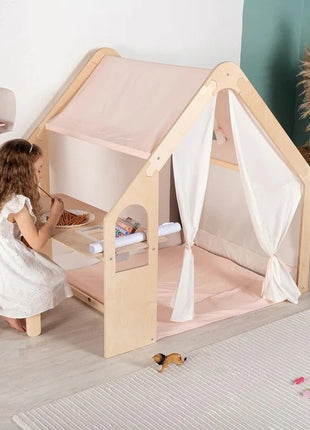 Dečiji drveni letnjikovac 6 u 1 KINDER HOME – stolica, sto, tabla, organizator, tenda i mekana podloga