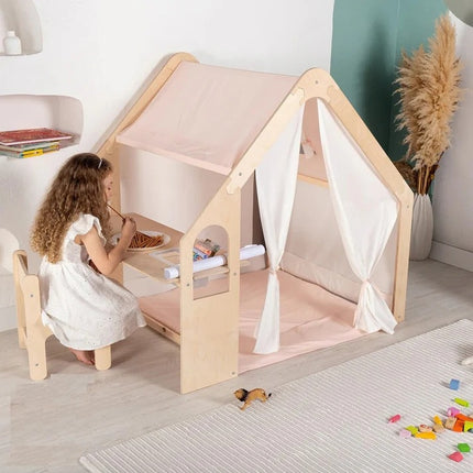 Dječji drveni letnjikovac 6 u 1 KINDER HOME – stolica, sto, stol, organizator, tenda i mekana podloga