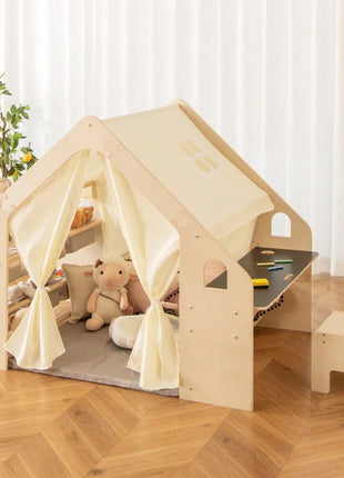Dečiji drveni letnjikovac 6 u 1 KINDER HOME – stolica, sto, tabla, organizator, tenda i mekana podloga