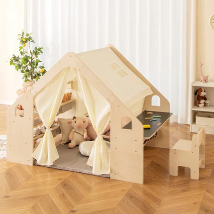 Dječji drveni letnjikovac 6 u 1 KINDER HOME – stolica, sto, stol, organizator, tenda i mekana podloga