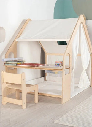 Dečiji drveni letnjikovac 6 u 1 KINDER HOME – stolica, sto, tabla, organizator, tenda i mekana podloga