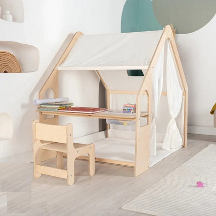 Dječji drveni letnjikovac 6 u 1 KINDER HOME – stolica, sto, stol, organizator, tenda i mekana podloga