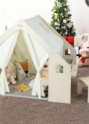 Dečiji drveni letnjikovac 6 u 1 KINDER HOME – stolica, sto, tabla, organizator, tenda i mekana podloga