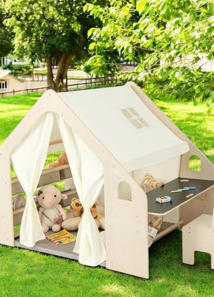 Dečiji drveni letnjikovac 6 u 1 KINDER HOME – stolica, sto, tabla, organizator, tenda i mekana podloga