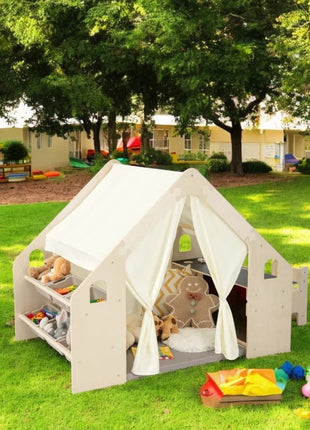 Dečiji drveni letnjikovac 6 u 1 KINDER HOME – stolica, sto, tabla, organizator, tenda i mekana podloga