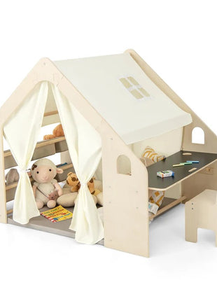Dečiji drveni letnjikovac 6 u 1 KINDER HOME – stolica, sto, tabla, organizator, tenda i mekana podloga