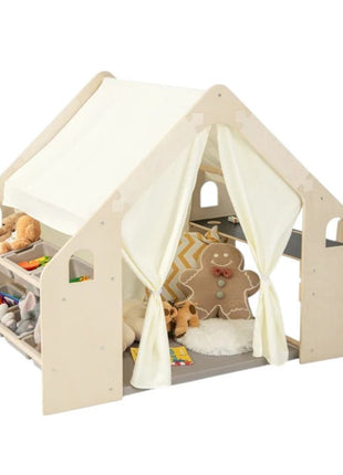 Dečiji drveni letnjikovac 6 u 1 KINDER HOME – stolica, sto, tabla, organizator, tenda i mekana podloga
