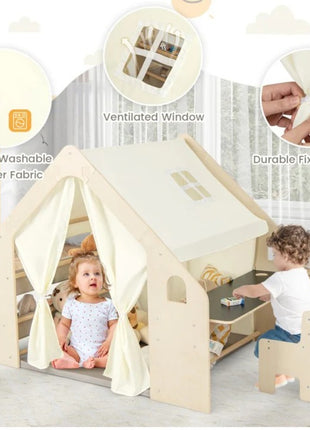 Dečiji drveni letnjikovac 6 u 1 KINDER HOME – stolica, sto, tabla, organizator, tenda i mekana podloga